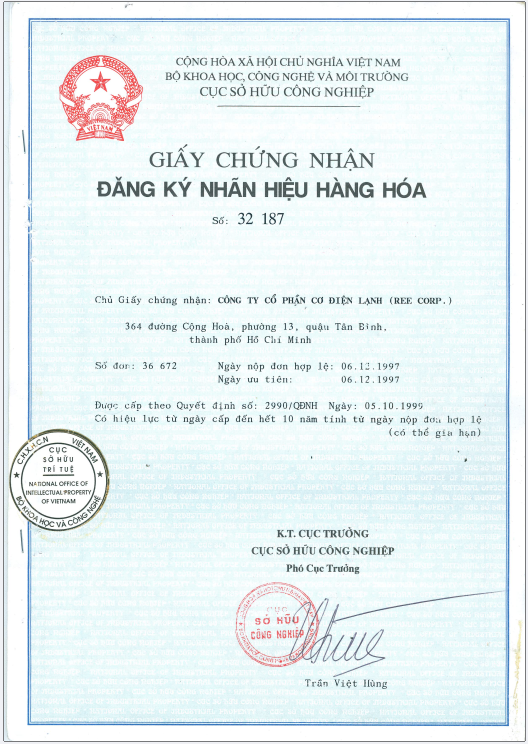 Giấy chứng nhận đăng ký nhãn hiệu máy lạnh Reetech vào năm 1997
